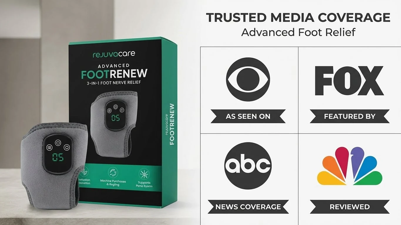 Collage of media logos and expert endorsements for RejuvaCare FootRenew